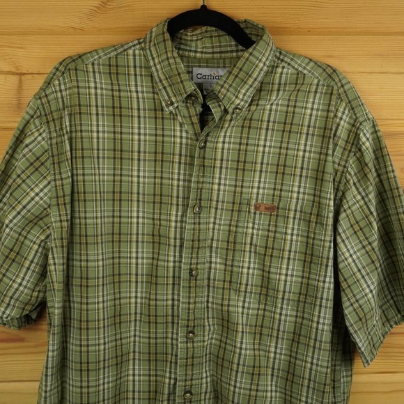 Carhartt Green Plaid Short Sleeve Button Up Shirt Size Large - Picture 6 of 6